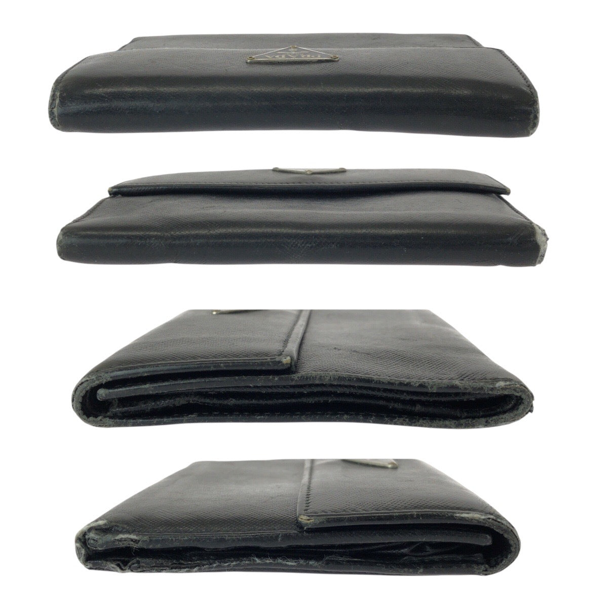 21638
PRADA プラダ サフィアーノ 三角ロゴプレート ブラック 黒 シルバー金具 レザー 折財布 コンパクトウォレット レディース B8