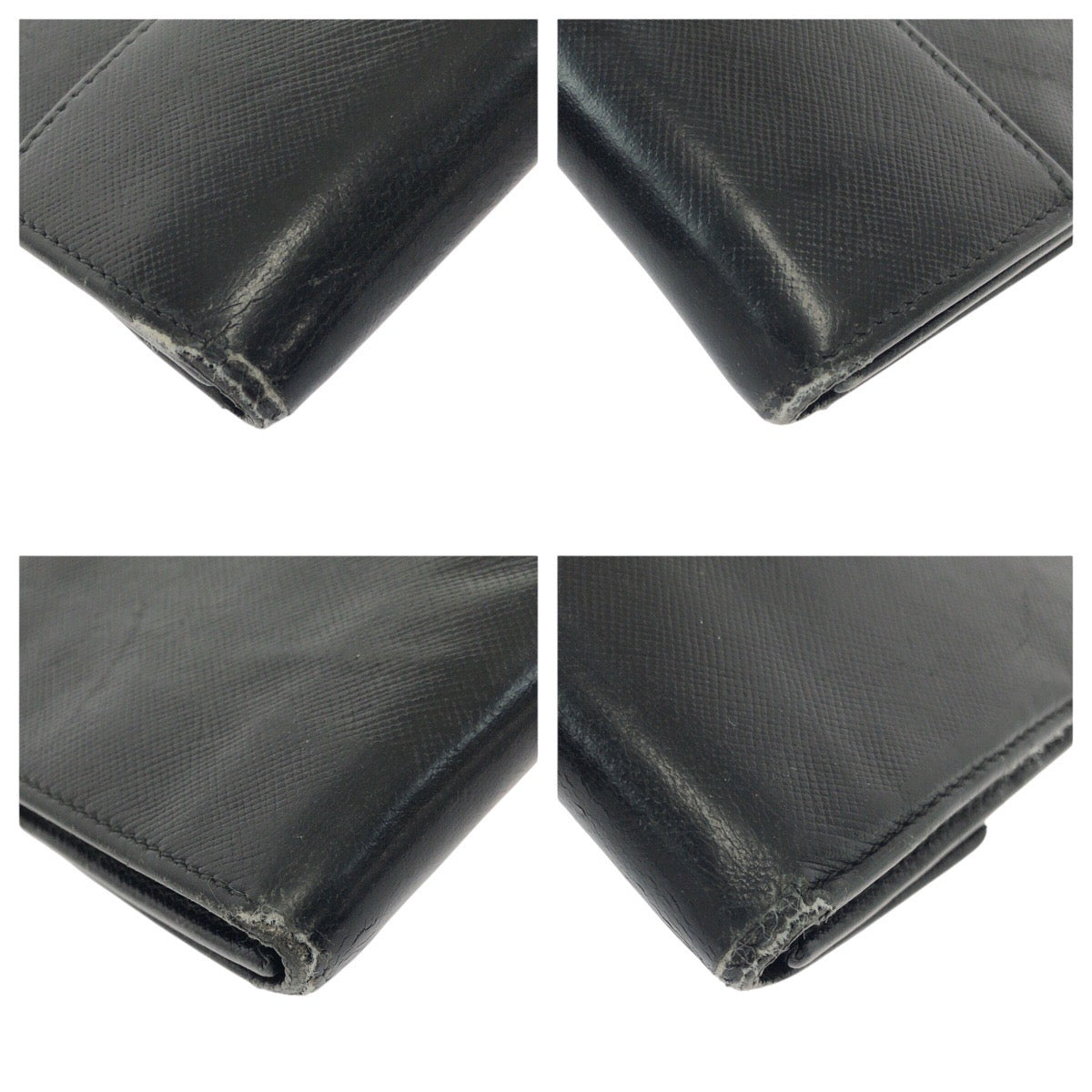 21638
PRADA プラダ サフィアーノ 三角ロゴプレート ブラック 黒 シルバー金具 レザー 折財布 コンパクトウォレット レディース B8