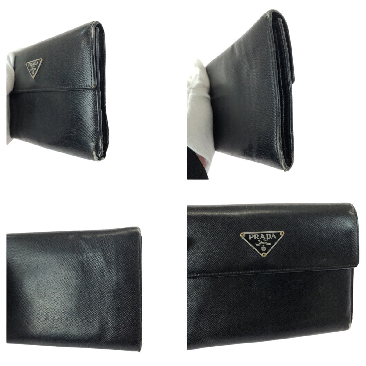 21638
PRADA プラダ サフィアーノ 三角ロゴプレート ブラック 黒 シルバー金具 レザー 折財布 コンパクトウォレット レディース B8