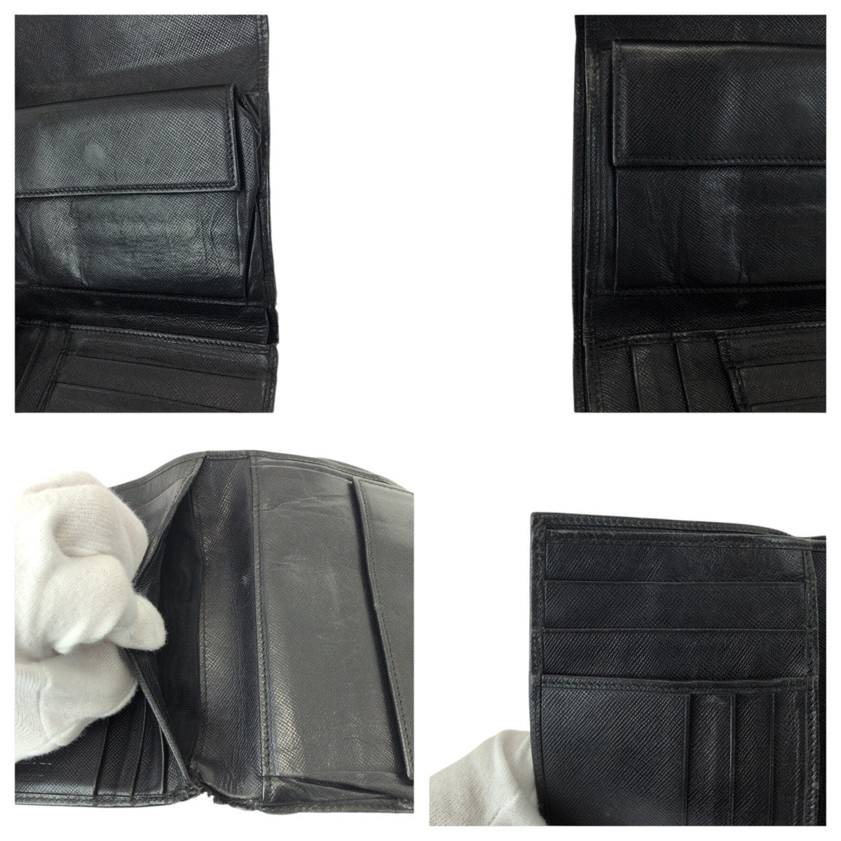 21638
PRADA プラダ サフィアーノ 三角ロゴプレート ブラック 黒 シルバー金具 レザー 折財布 コンパクトウォレット レディース B8