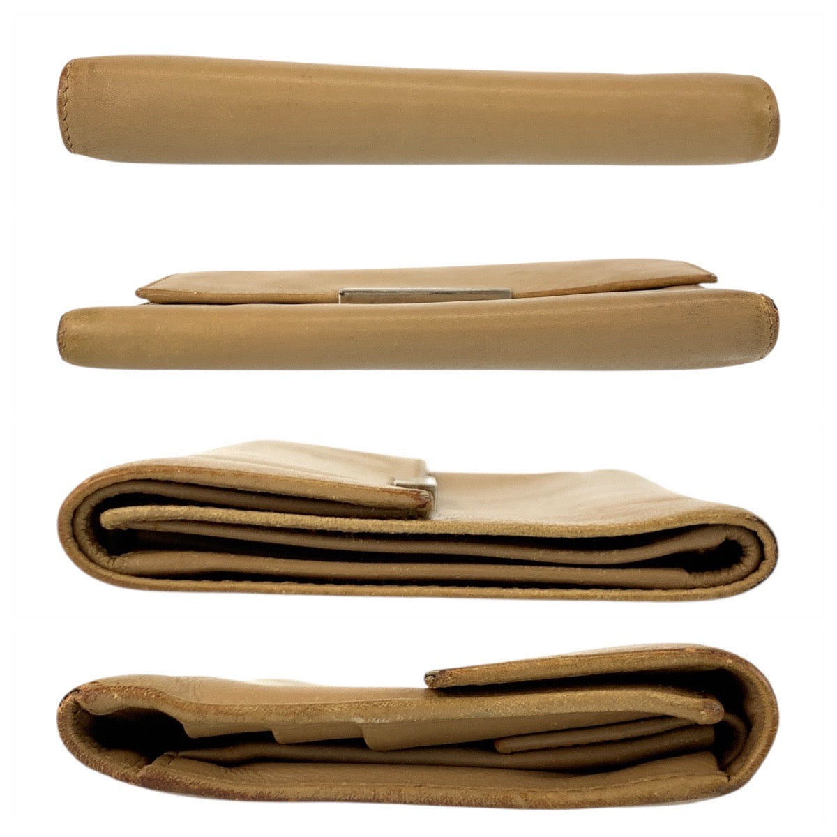 21639
PRADA プラダ ベージュ シルバー金具 レザー 折財布 コンパクトウォレット レディース B6