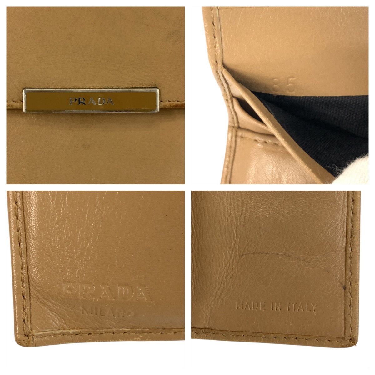 21639
PRADA プラダ ベージュ シルバー金具 レザー 折財布 コンパクトウォレット レディース B6