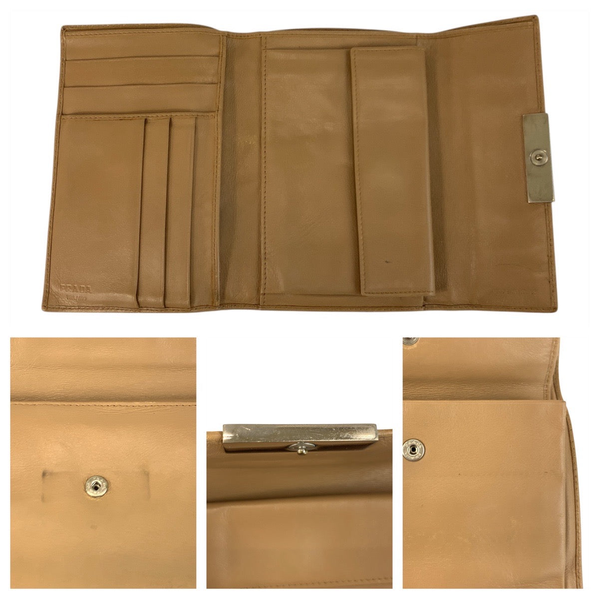 21639
PRADA プラダ ベージュ シルバー金具 レザー 折財布 コンパクトウォレット レディース B6