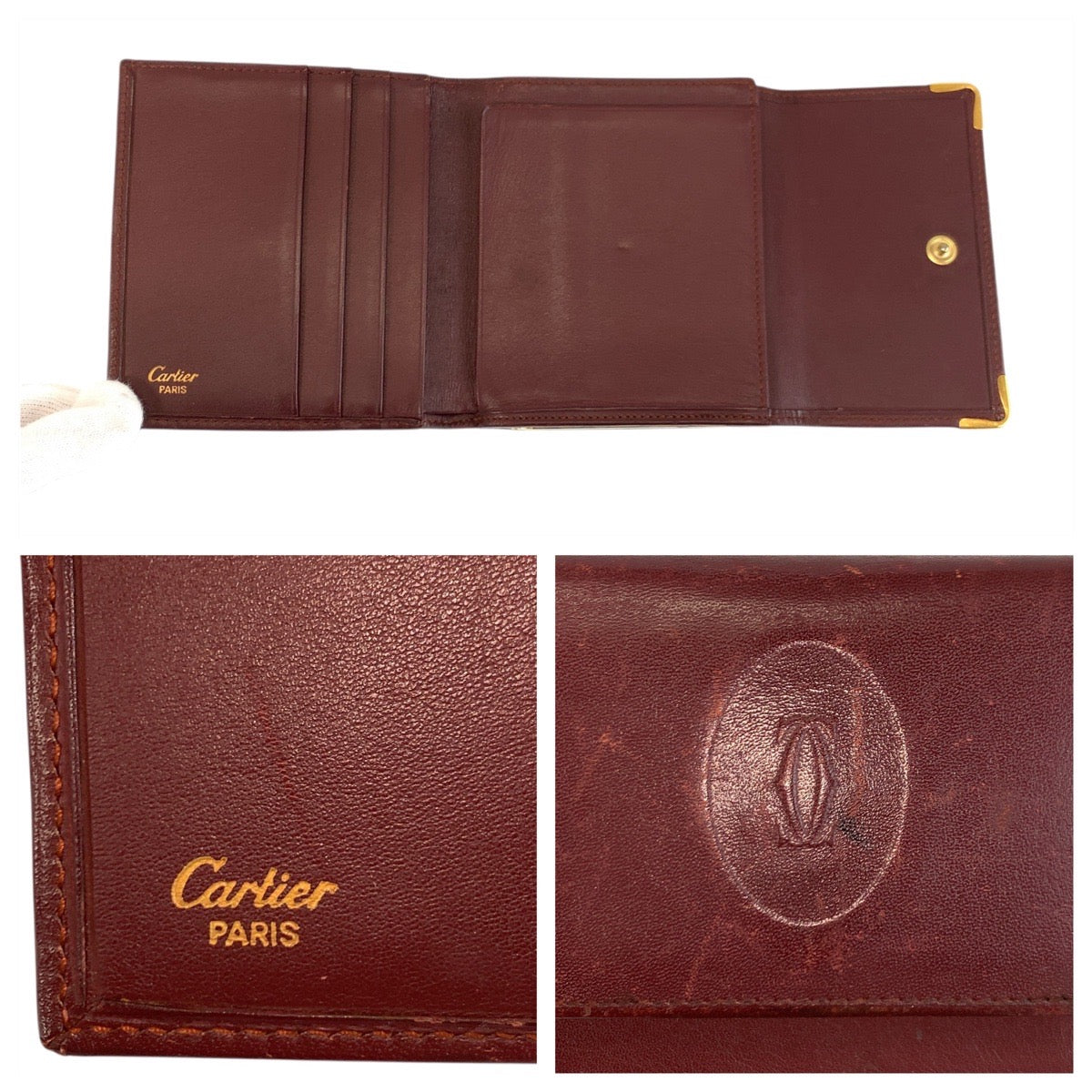 21643
CARTIER カルティエ マストライン ワインレッド ゴールド金具 レザー 折財布 コンパクトウォレット レディース AB8