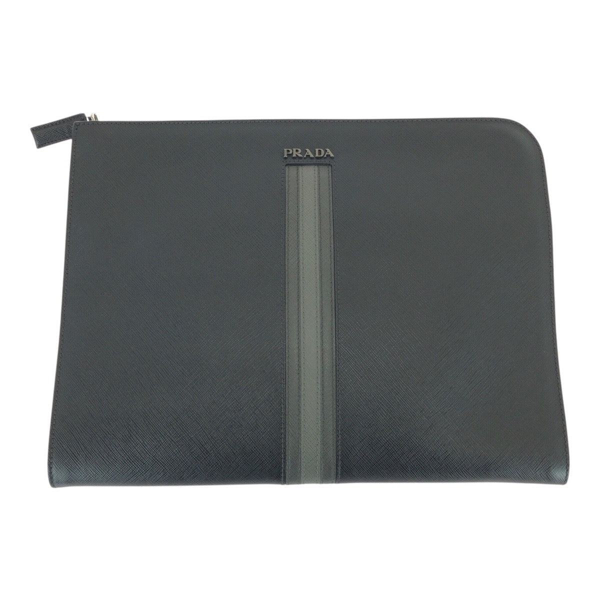 21647
PRADA プラダ サフィアーノ L字ファスナー ブラック グレー シルバー金具 レザー クラッチバッグ セカンドバッグ メンズ A50