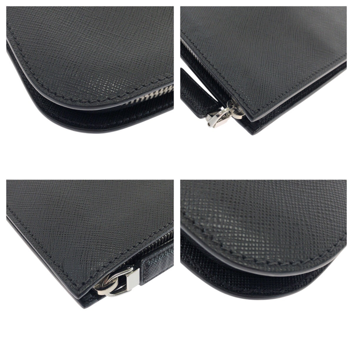 21647
PRADA プラダ サフィアーノ L字ファスナー ブラック グレー シルバー金具 レザー クラッチバッグ セカンドバッグ メンズ A50