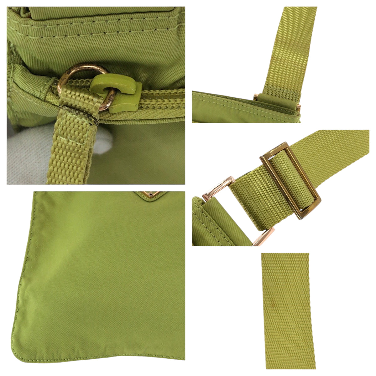 21668
PRADA プラダ テスート 三角ロゴプレート ライトグリーン ゴールド金具 ナイロン ショルダーバッグ サコッシュ レディース ABP