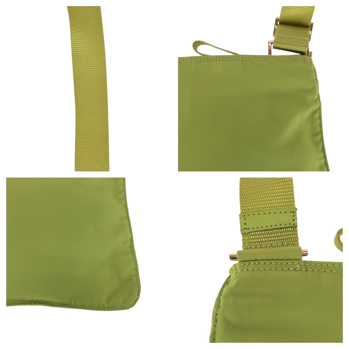 21668
PRADA プラダ テスート 三角ロゴプレート ライトグリーン ゴールド金具 ナイロン ショルダーバッグ サコッシュ レディース ABP