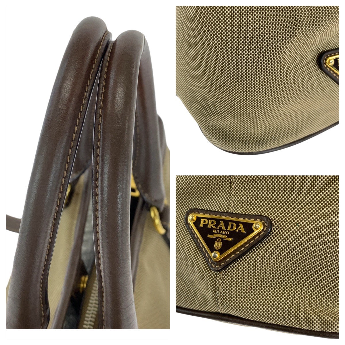 21751
PRADA プラダ ロゴジャガード 三角ロゴプレート カーキ ブラウン ゴールド金具 キャンバス / レザー トートバッグ ショルダーバッグ レディース ABP46