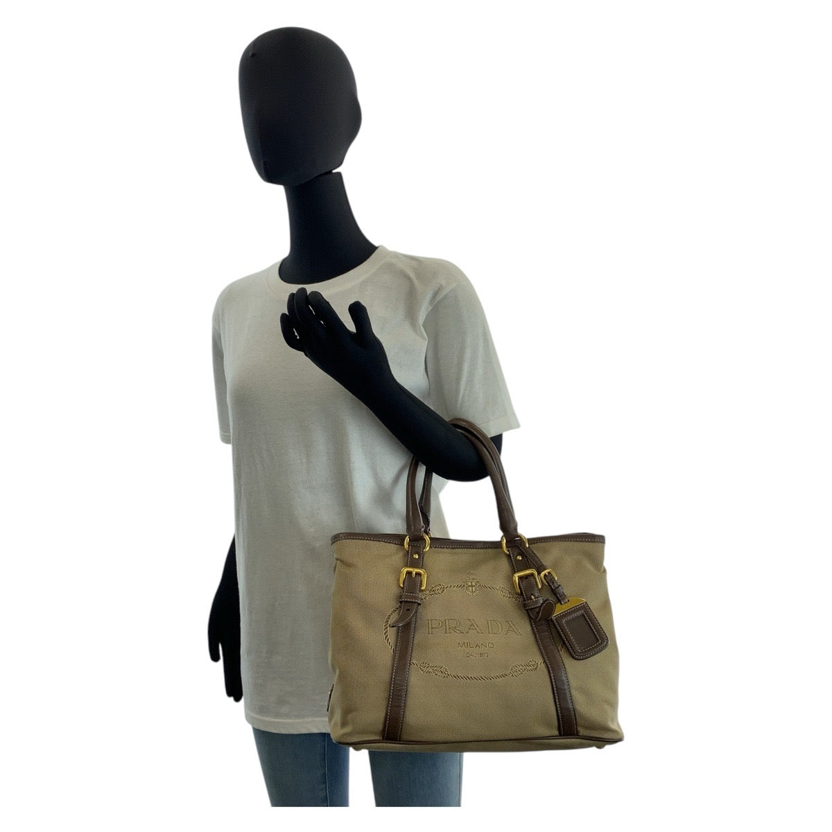 21751
PRADA プラダ ロゴジャガード 三角ロゴプレート カーキ ブラウン ゴールド金具 キャンバス / レザー トートバッグ ショルダーバッグ レディース ABP46