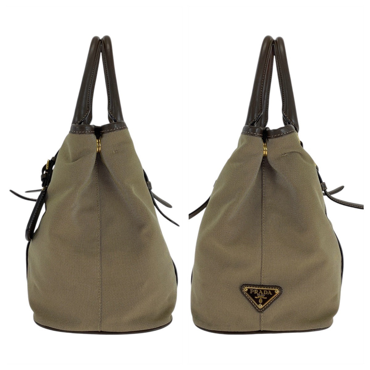 21751
PRADA プラダ ロゴジャガード 三角ロゴプレート カーキ ブラウン ゴールド金具 キャンバス / レザー トートバッグ ショルダーバッグ レディース ABP46