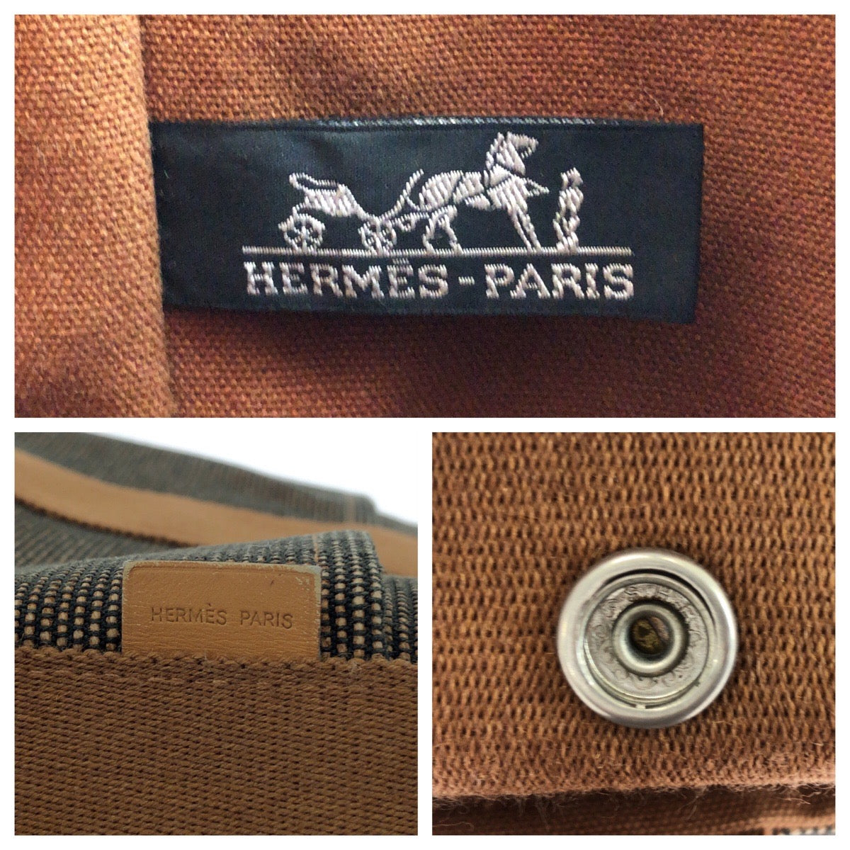 21757
HERMES エルメス サクソーMM ブラウン シルバー金具 キャンバス ハンドバッグ レディース ABP46
