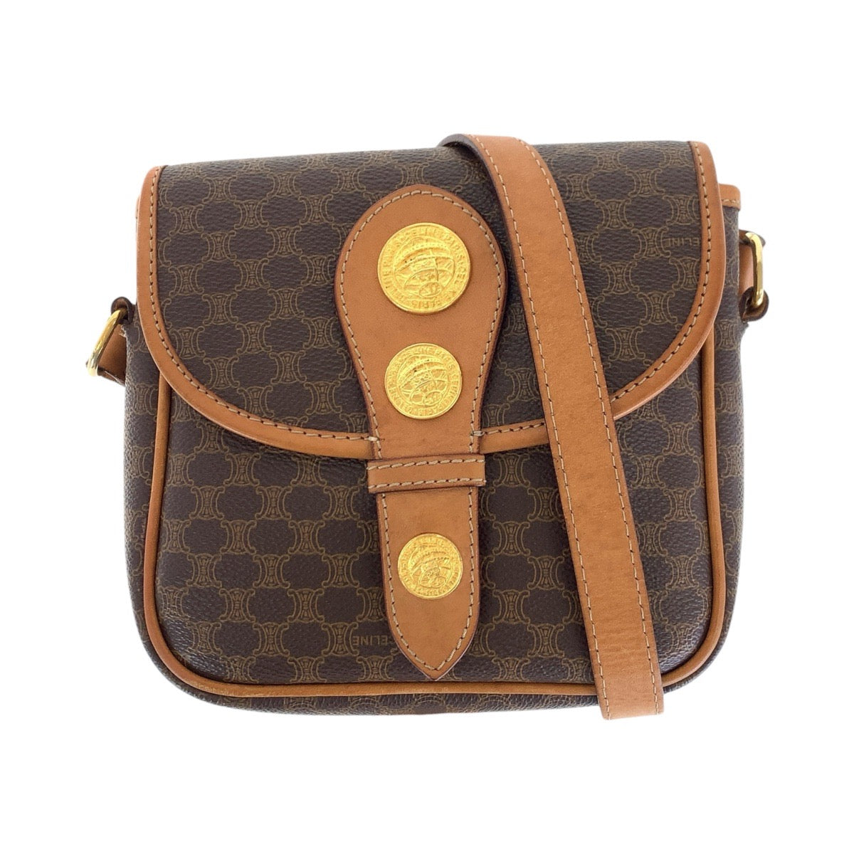 21784
CELINE セリーヌ ヴィンテージ マカダム メダル ブラウン ゴールド金具 PVC / レザー ショルダーバッグ ポシェット レディース ABP40