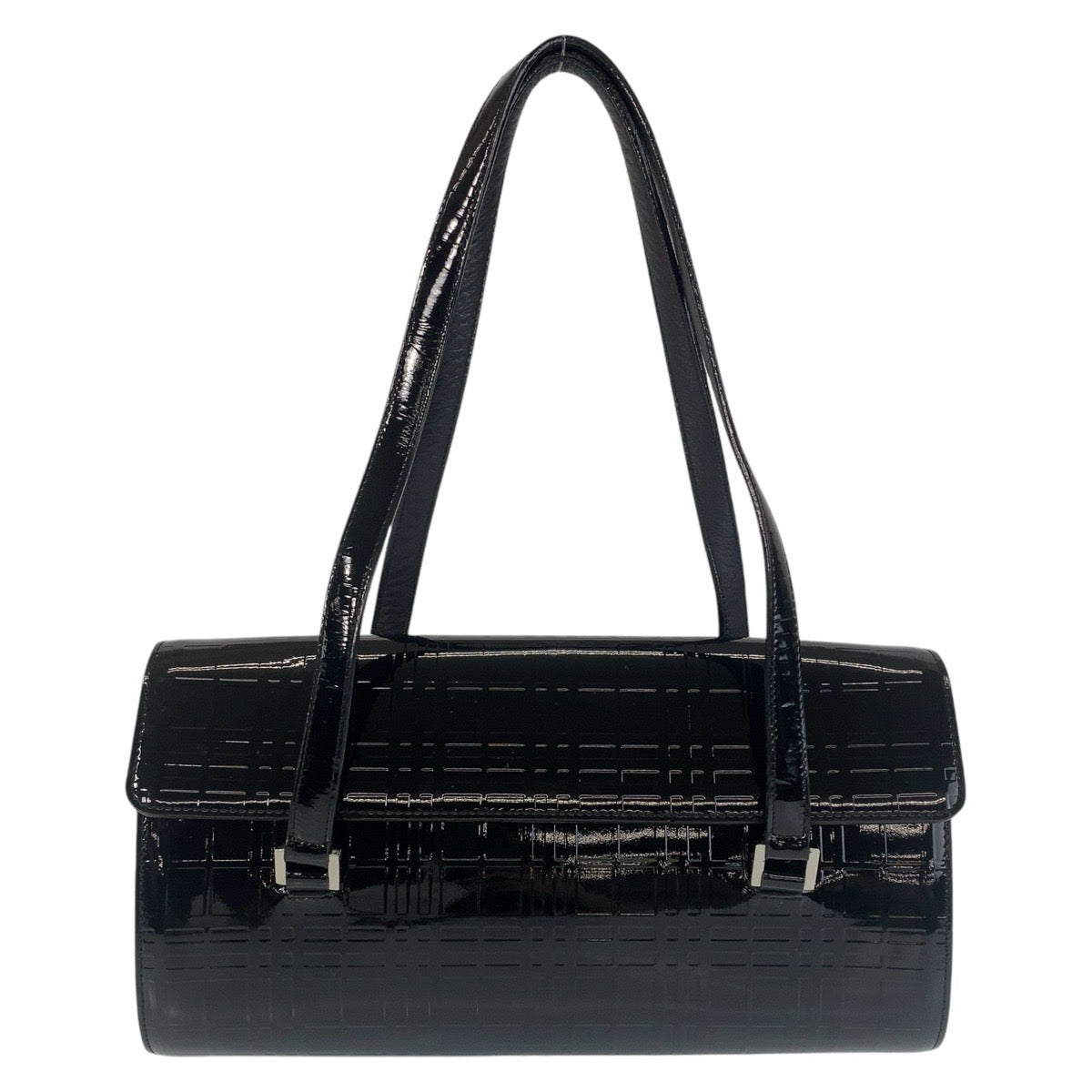 21787
BURBERRY バーバリー チェック柄 型押し ブラック 黒 シルバー金具 レザー ショルダーバッグ レディース A28