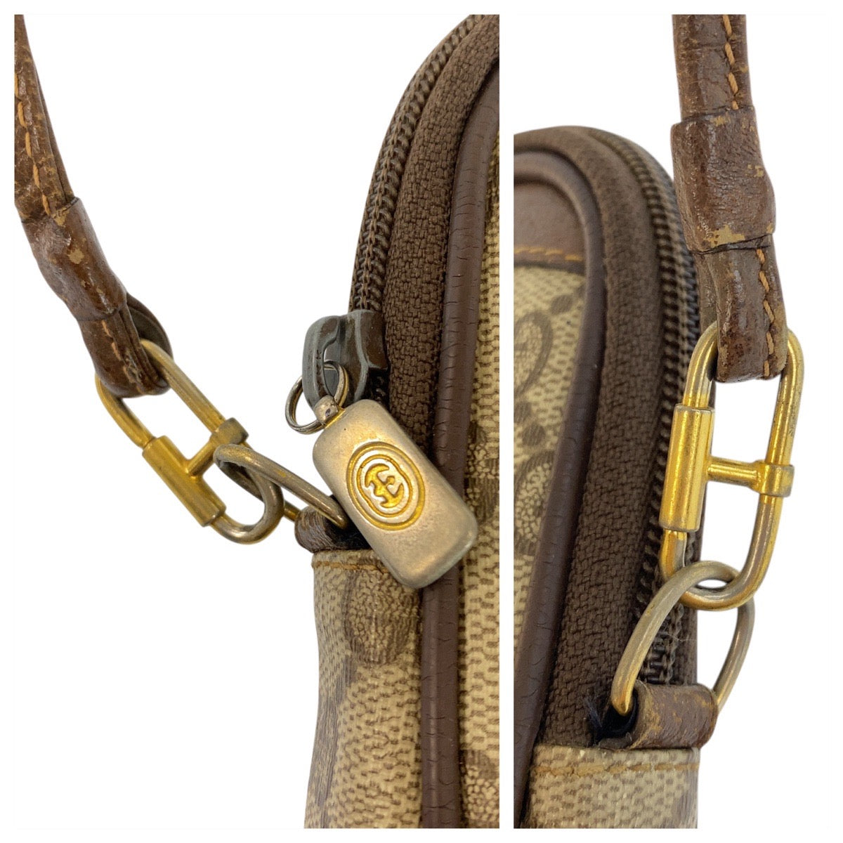 21815
GUCCI グッチ ヴィンテージ オールドグッチ ベージュ ブラウン ゴールド金具 GGスプリームキャンバス / レザー 97 02 068 ショルダーバッグ ポシェット レディース B12