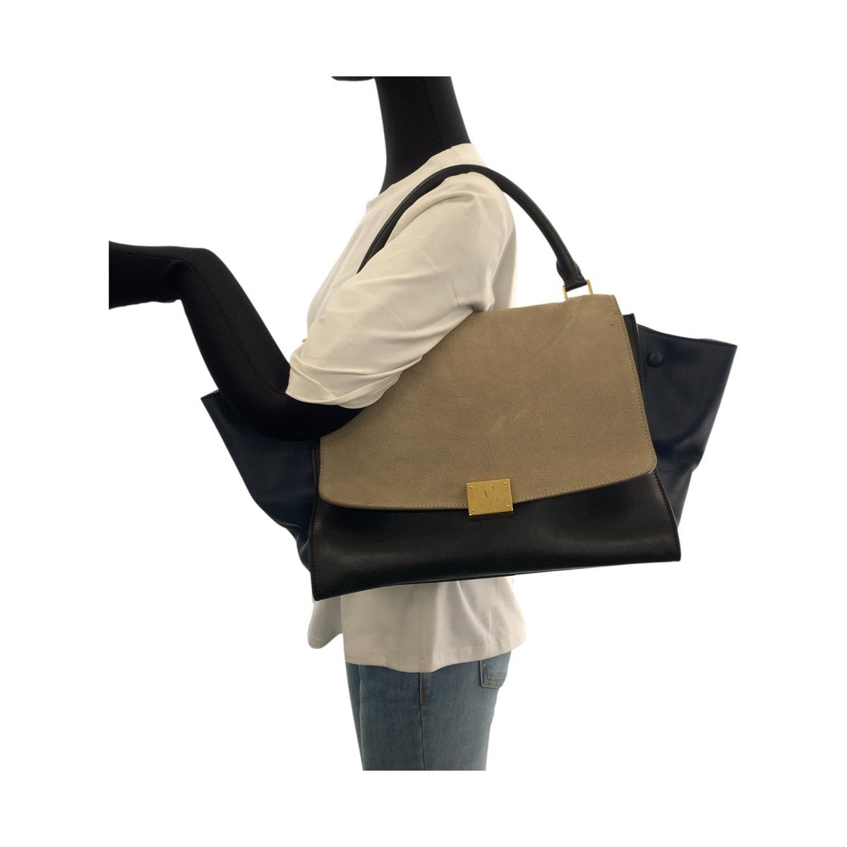 21834
CELINE セリーヌ トラペーズ ネイビー ベージュ ゴールド金具 レザー ハンドバッグ ショルダーバッグ 2WAY レディース B44