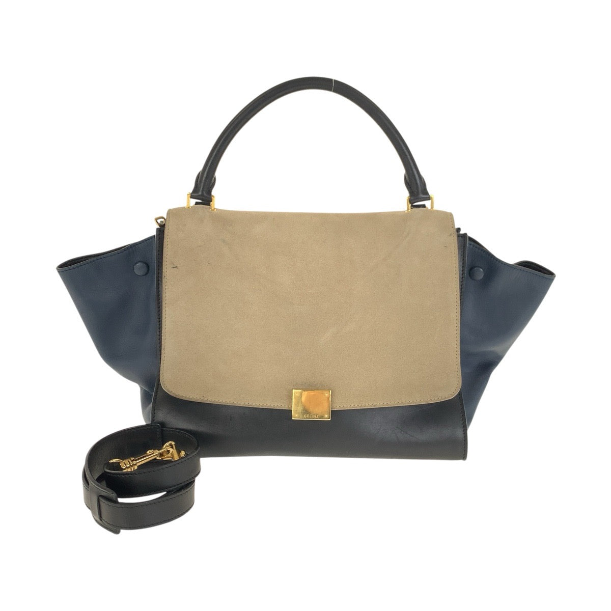21834
CELINE セリーヌ トラペーズ ネイビー ベージュ ゴールド金具 レザー ハンドバッグ ショルダーバッグ 2WAY レディース B44