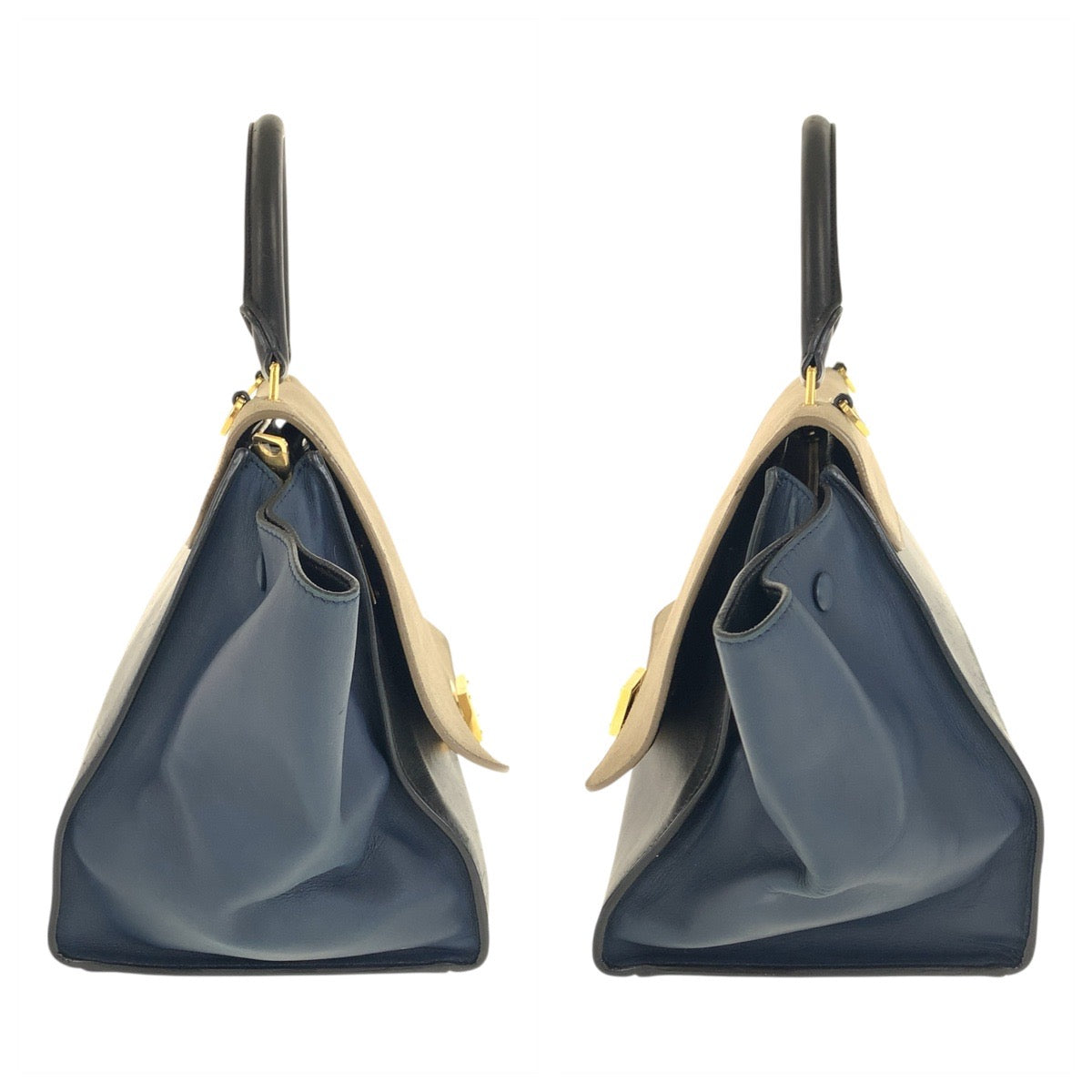 21834
CELINE セリーヌ トラペーズ ネイビー ベージュ ゴールド金具 レザー ハンドバッグ ショルダーバッグ 2WAY レディース B44