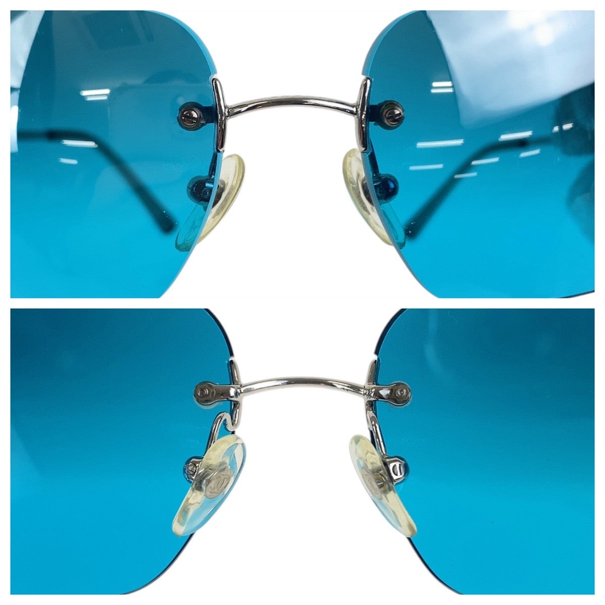 21865
CHANEL シャネル ヴィンテージ ココマーク シルバー ブルー メタル / プラスチック 4017 c.124/53 62▫︎17 120 サングラス スクエア レディース A30