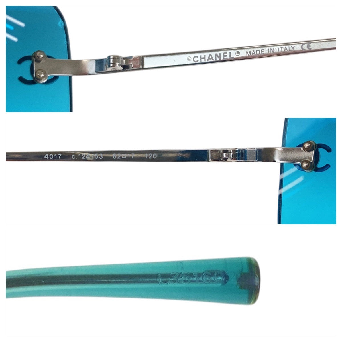 21865
CHANEL シャネル ヴィンテージ ココマーク シルバー ブルー メタル / プラスチック 4017 c.124/53 62▫︎17 120 サングラス スクエア レディース A30