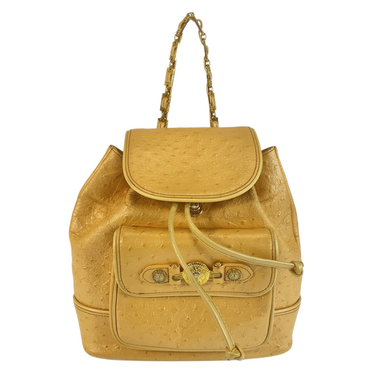 21882
VERSACE ヴェルサーチ ヴィンテージ サンバースト イエロー ゴールド金具 レザー リュック バックパック レディース AB42