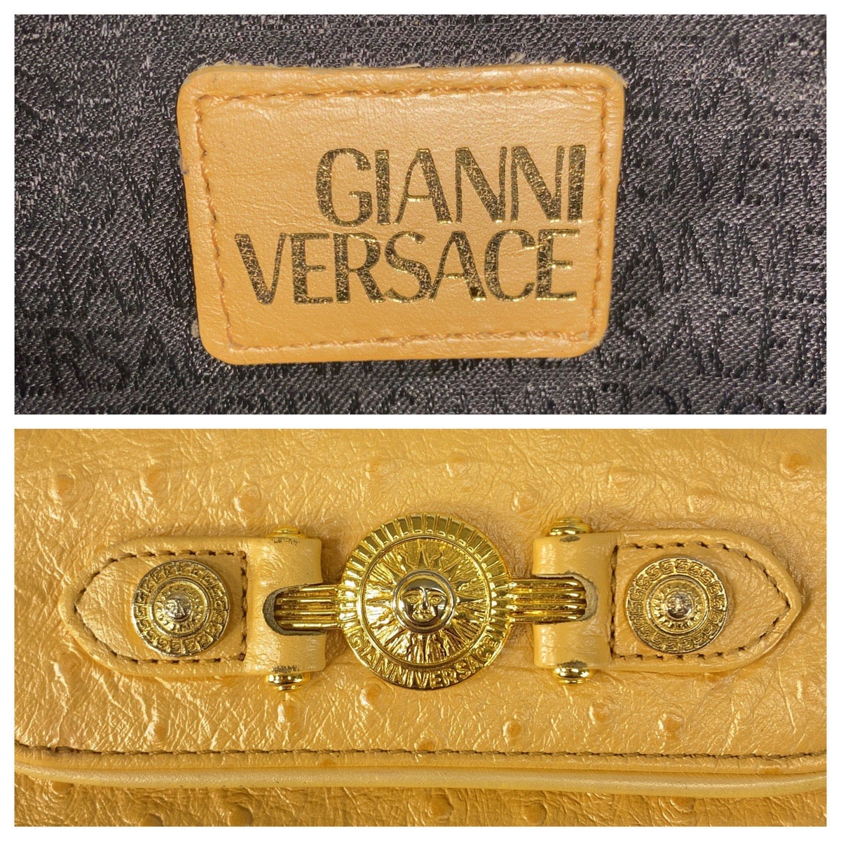 21882
VERSACE ヴェルサーチ ヴィンテージ サンバースト イエロー ゴールド金具 レザー リュック バックパック レディース AB42