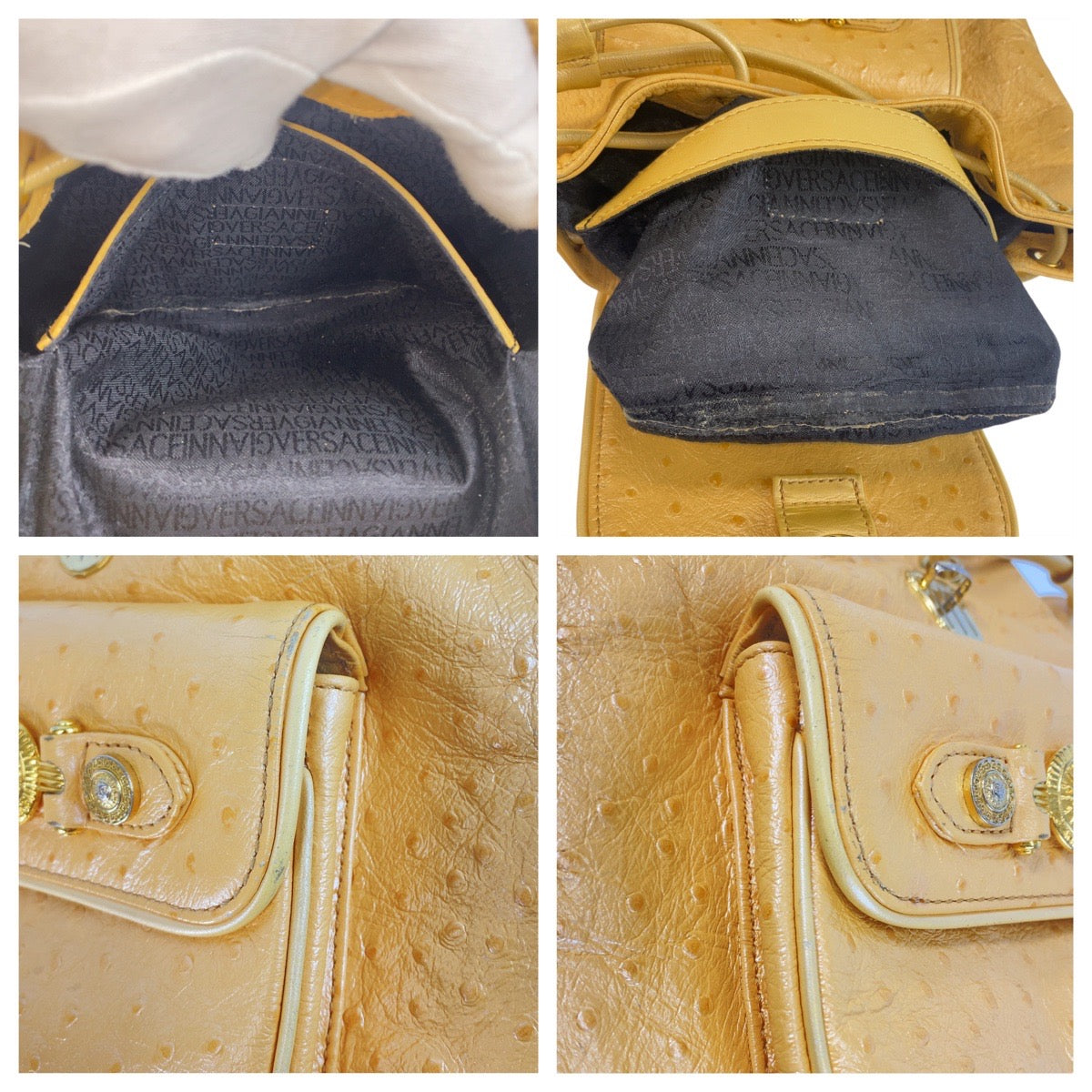 21882
VERSACE ヴェルサーチ ヴィンテージ サンバースト イエロー ゴールド金具 レザー リュック バックパック レディース AB42