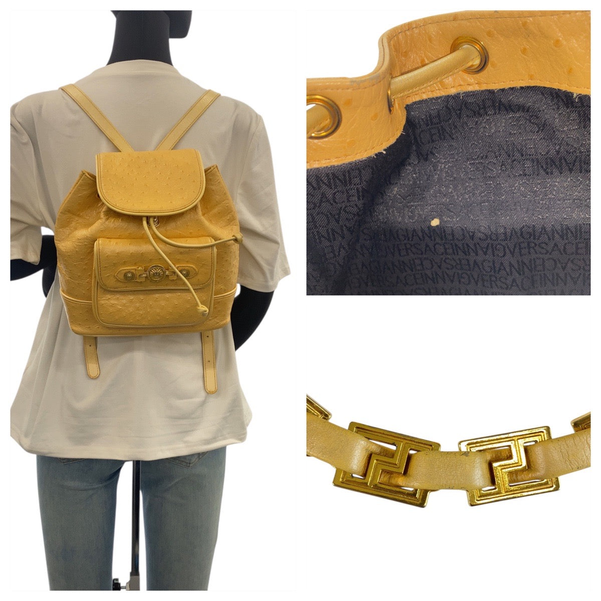 21882
VERSACE ヴェルサーチ ヴィンテージ サンバースト イエロー ゴールド金具 レザー リュック バックパック レディース AB42