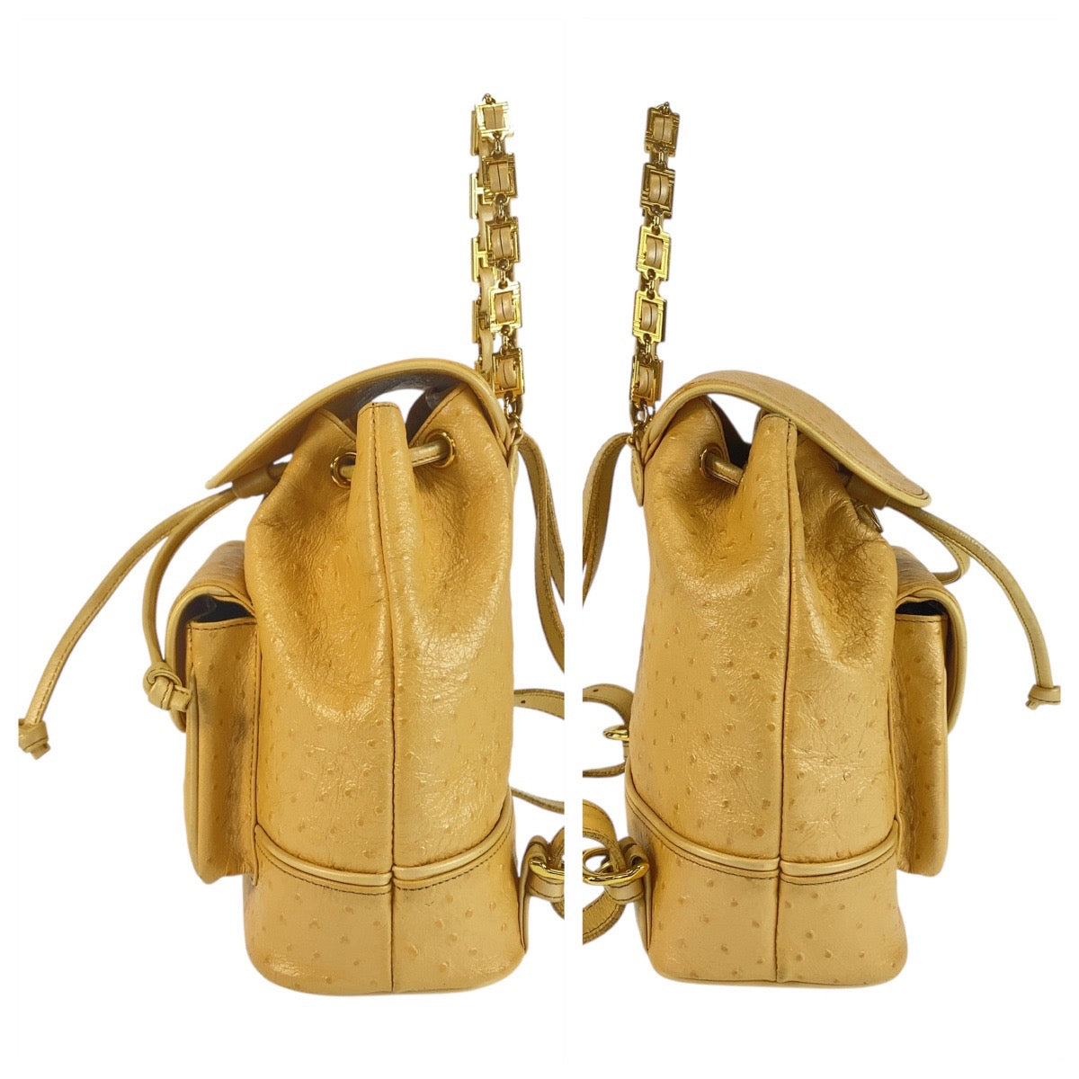 21882
VERSACE ヴェルサーチ ヴィンテージ サンバースト イエロー ゴールド金具 レザー リュック バックパック レディース AB42