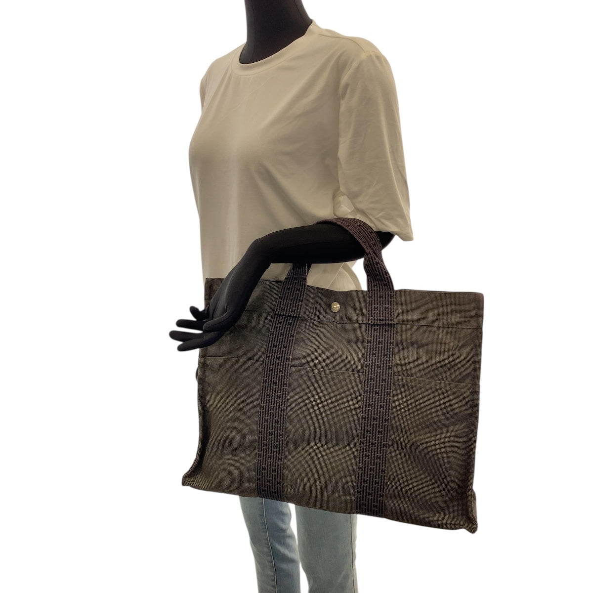 21890
HERMES エルメス エールラインMM グレー シルバー金具 キャンバス トートバッグ ハンドバッグ レディース AB21