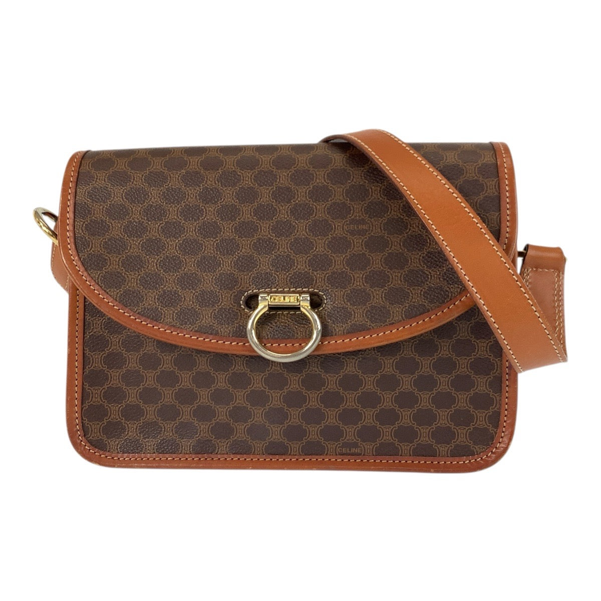 21891
CELINE セリーヌ ヴィンテージ マカダム ブラウン ゴールド金具 PVC / レザー DM96 ショルダーバッグ ポシェット レディース ABP48