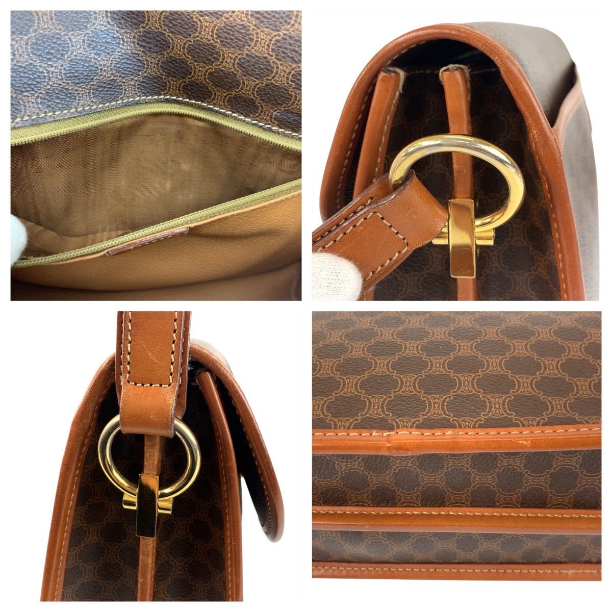 21891
CELINE セリーヌ ヴィンテージ マカダム ブラウン ゴールド金具 PVC / レザー DM96 ショルダーバッグ ポシェット レディース ABP48