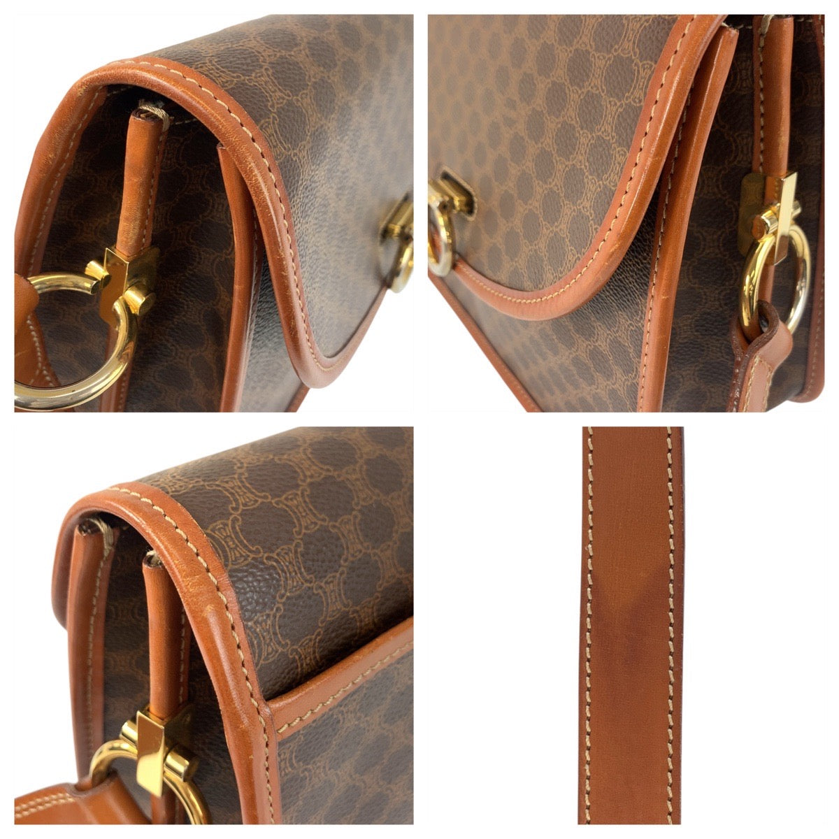 21891
CELINE セリーヌ ヴィンテージ マカダム ブラウン ゴールド金具 PVC / レザー DM96 ショルダーバッグ ポシェット レディース ABP48