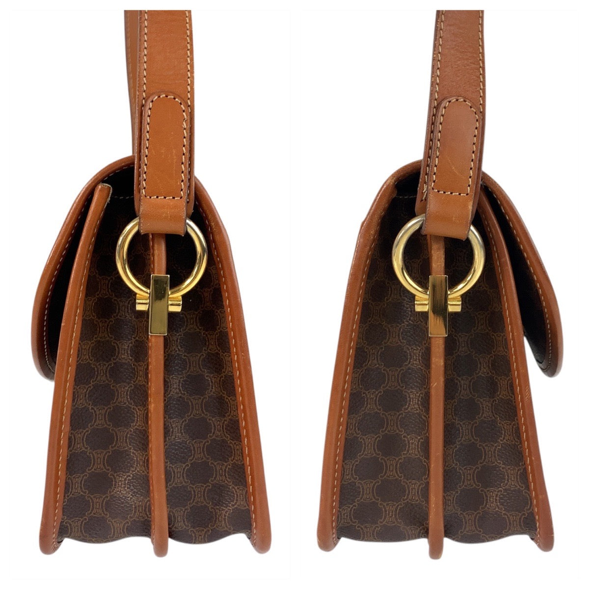 21891
CELINE セリーヌ ヴィンテージ マカダム ブラウン ゴールド金具 PVC / レザー DM96 ショルダーバッグ ポシェット レディース ABP48