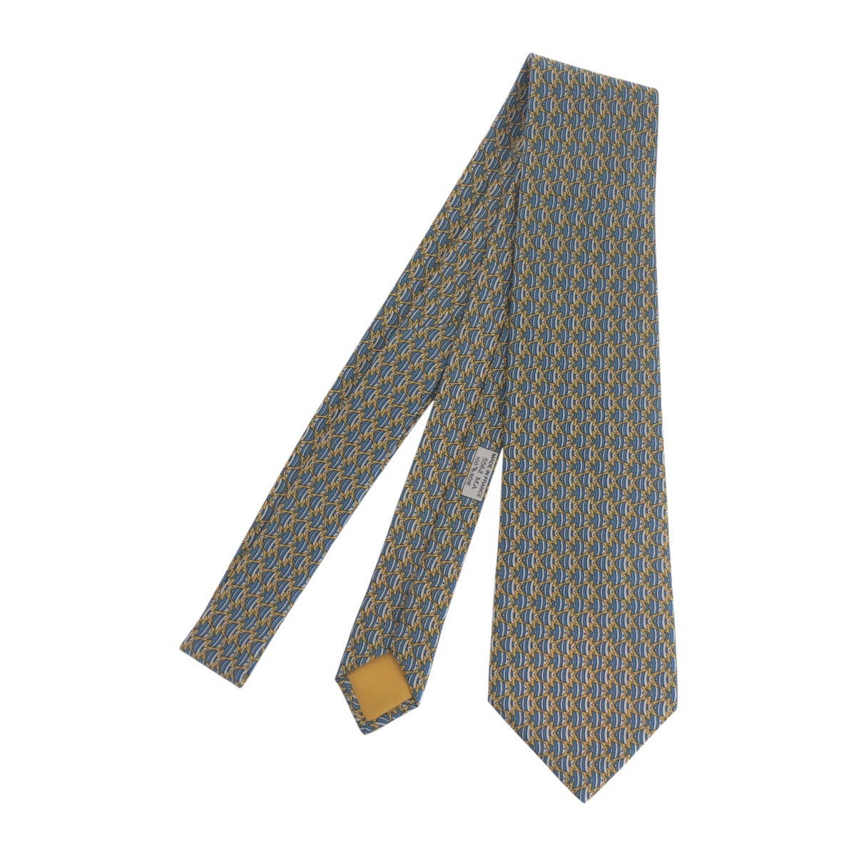 21920
HERMES エルメス 総柄 フィッシュ イエロー シルク ネクタイ メンズ S14