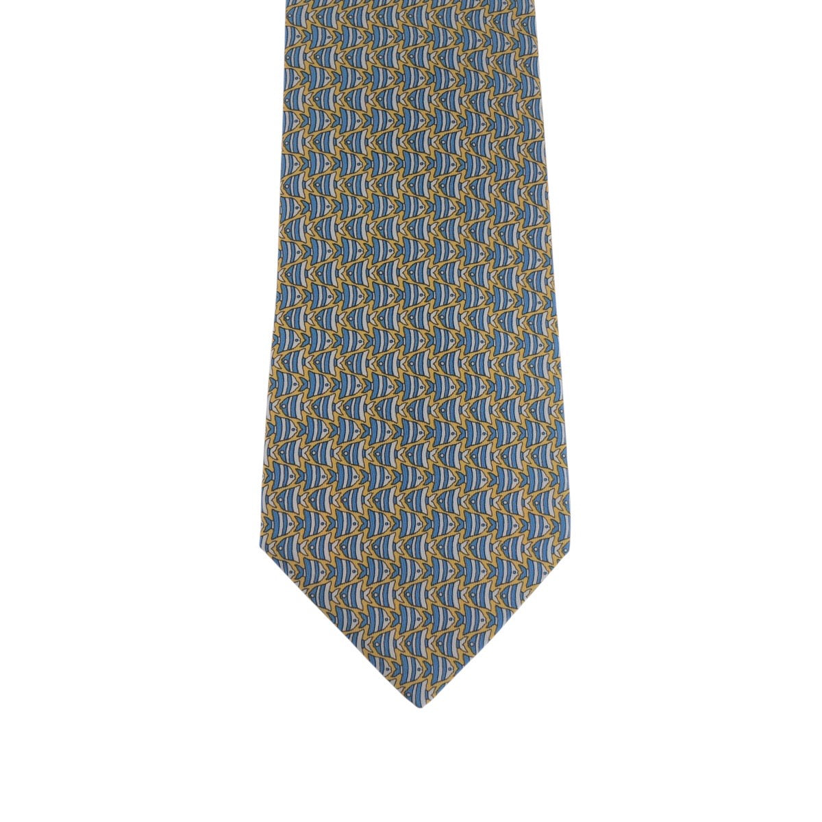 21920
HERMES エルメス 総柄 フィッシュ イエロー シルク ネクタイ メンズ S14