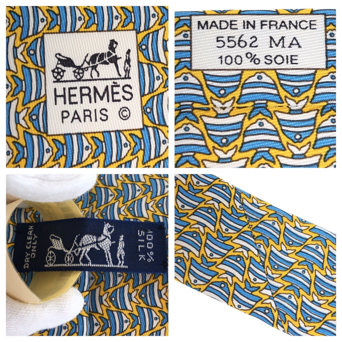 21920
HERMES エルメス 総柄 フィッシュ イエロー シルク ネクタイ メンズ S14