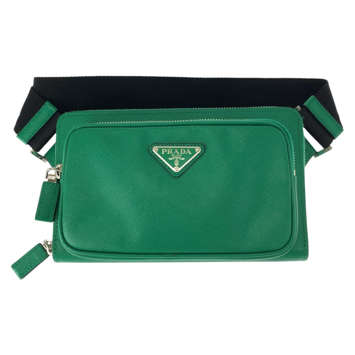 21954
PRADA プラダ サフィアーノ 三角ロゴプレート グリーン ブラック シルバー金具 レザー ボディバッグ ウエストバッグ バムバッグ レディース A10