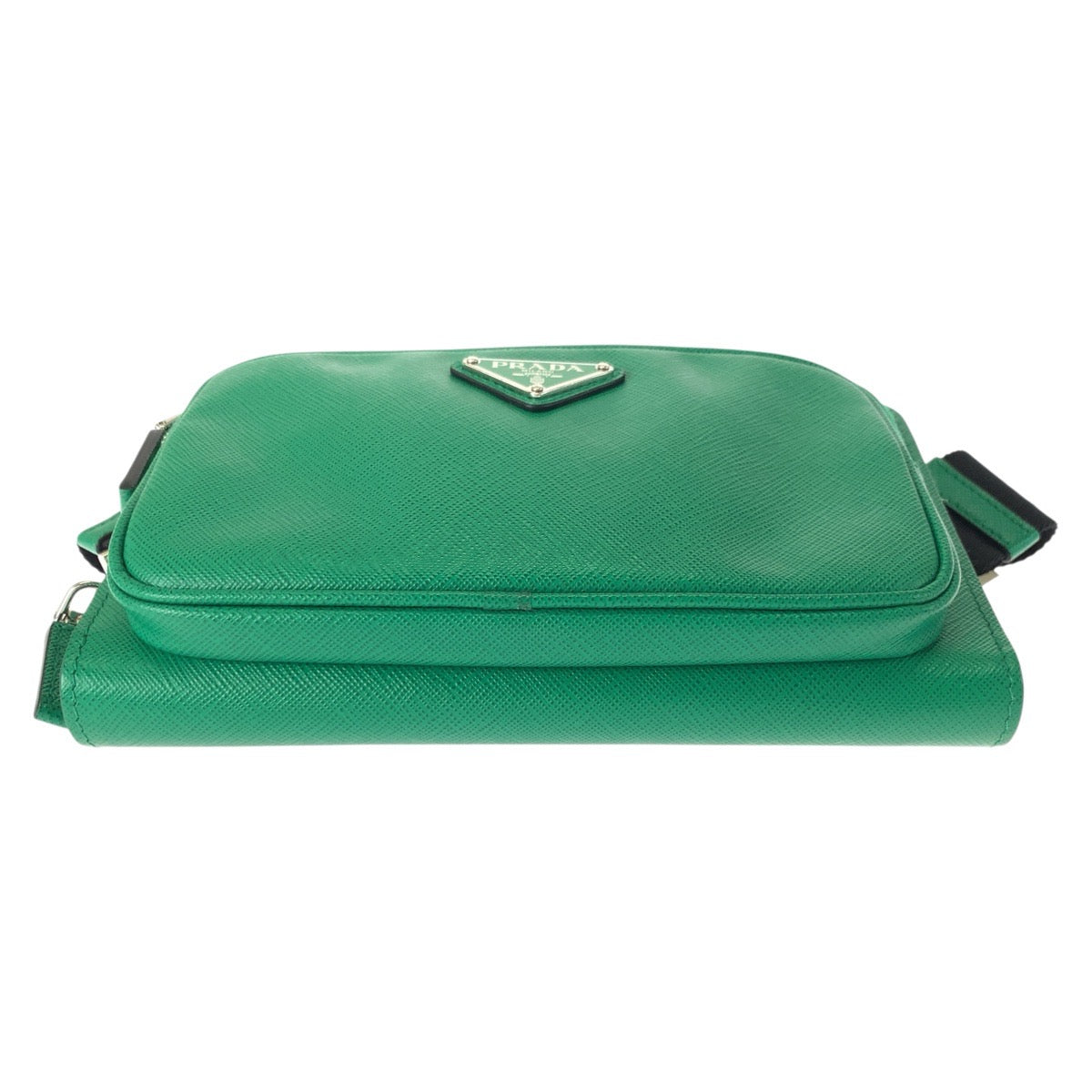 21954
PRADA プラダ サフィアーノ 三角ロゴプレート グリーン ブラック シルバー金具 レザー ボディバッグ ウエストバッグ バムバッグ レディース A10