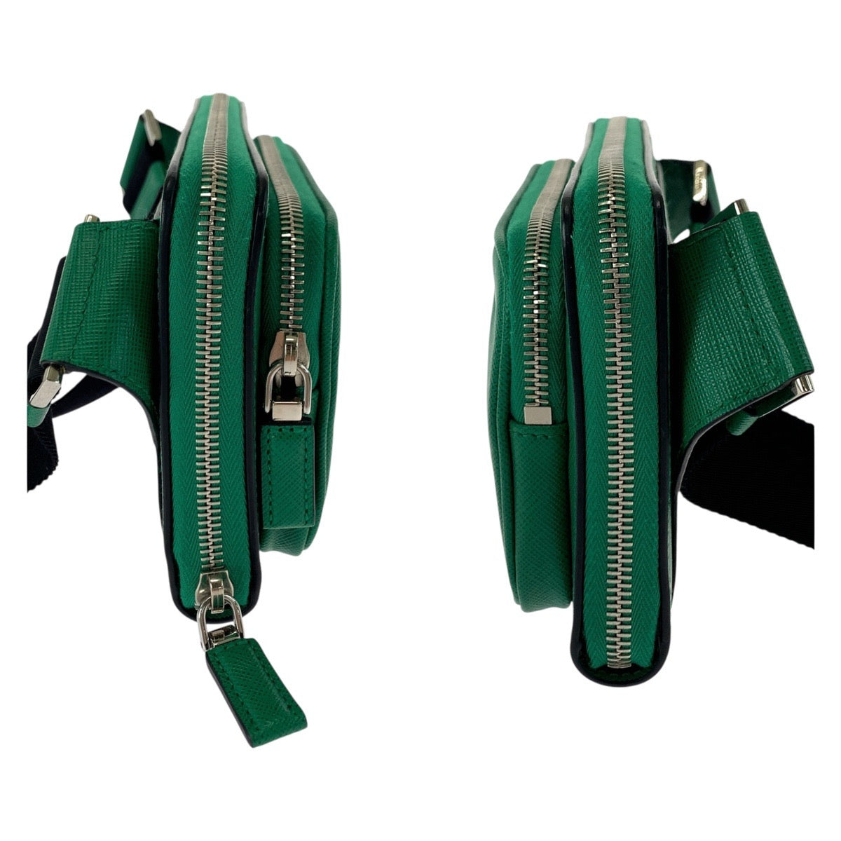 21954
PRADA プラダ サフィアーノ 三角ロゴプレート グリーン ブラック シルバー金具 レザー ボディバッグ ウエストバッグ バムバッグ レディース A10