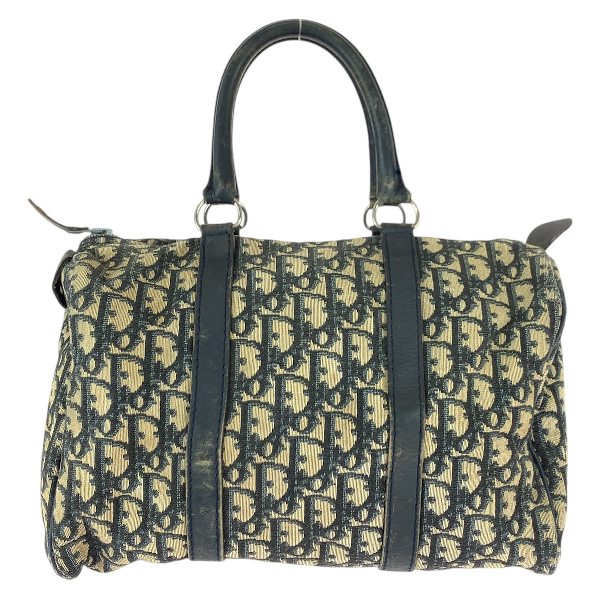 21961
Christian Dior Vintage Trotter Beige Navy Silver Hardware Canvas / Leather Handbag Mini Boston Bag for women B26