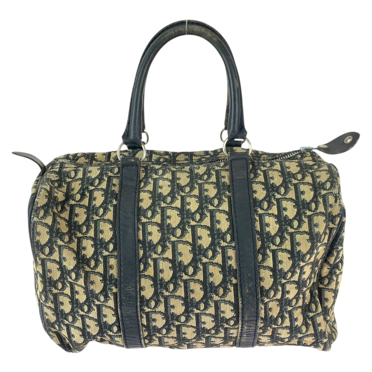 21961
Christian Dior Vintage Trotter Beige Navy Silver Hardware Canvas / Leather Handbag Mini Boston Bag for women B26