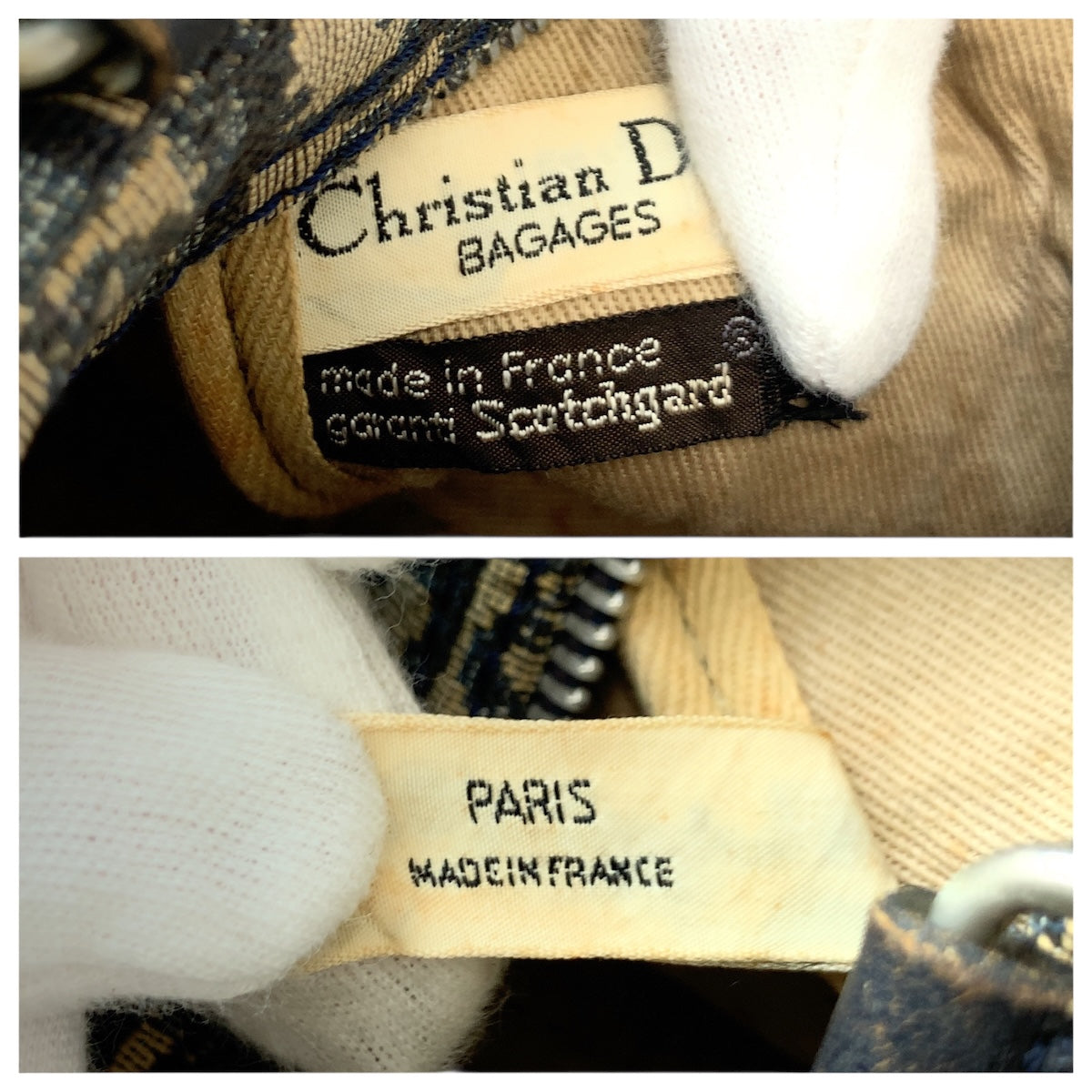 21961
Christian Dior Vintage Trotter Beige Navy Silver Hardware Canvas / Leather Handbag Mini Boston Bag for women B26