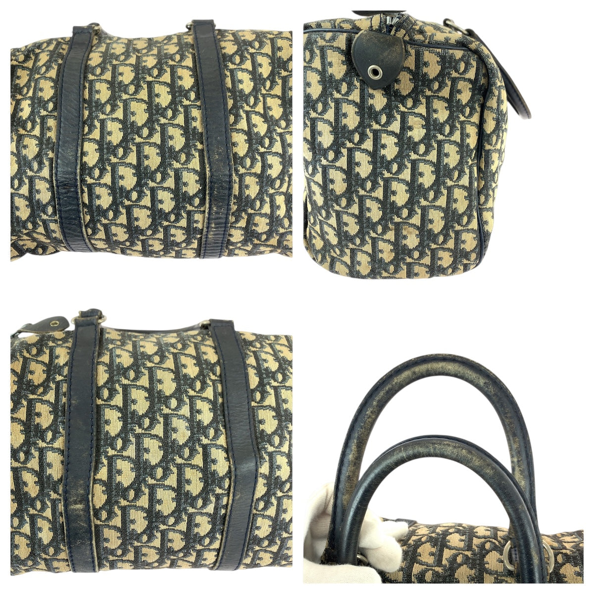 21961
Christian Dior Vintage Trotter Beige Navy Silver Hardware Canvas / Leather Handbag Mini Boston Bag for women B26