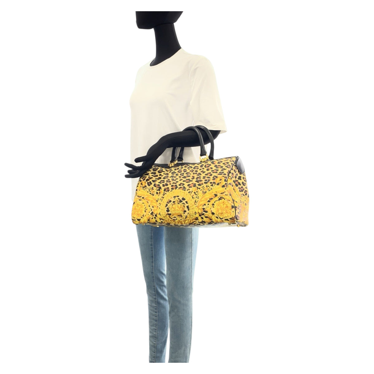 21970
VERSACE Vintage Leopard Yellow Black Gold Hardware PVC / Leather Handbag Mini Boston Bag Ladies ABP30