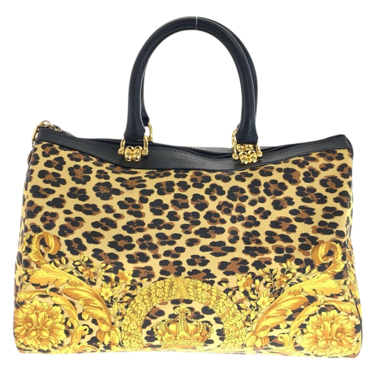 21970
VERSACE Vintage Leopard Yellow Black Gold Hardware PVC / Leather Handbag Mini Boston Bag Ladies ABP30