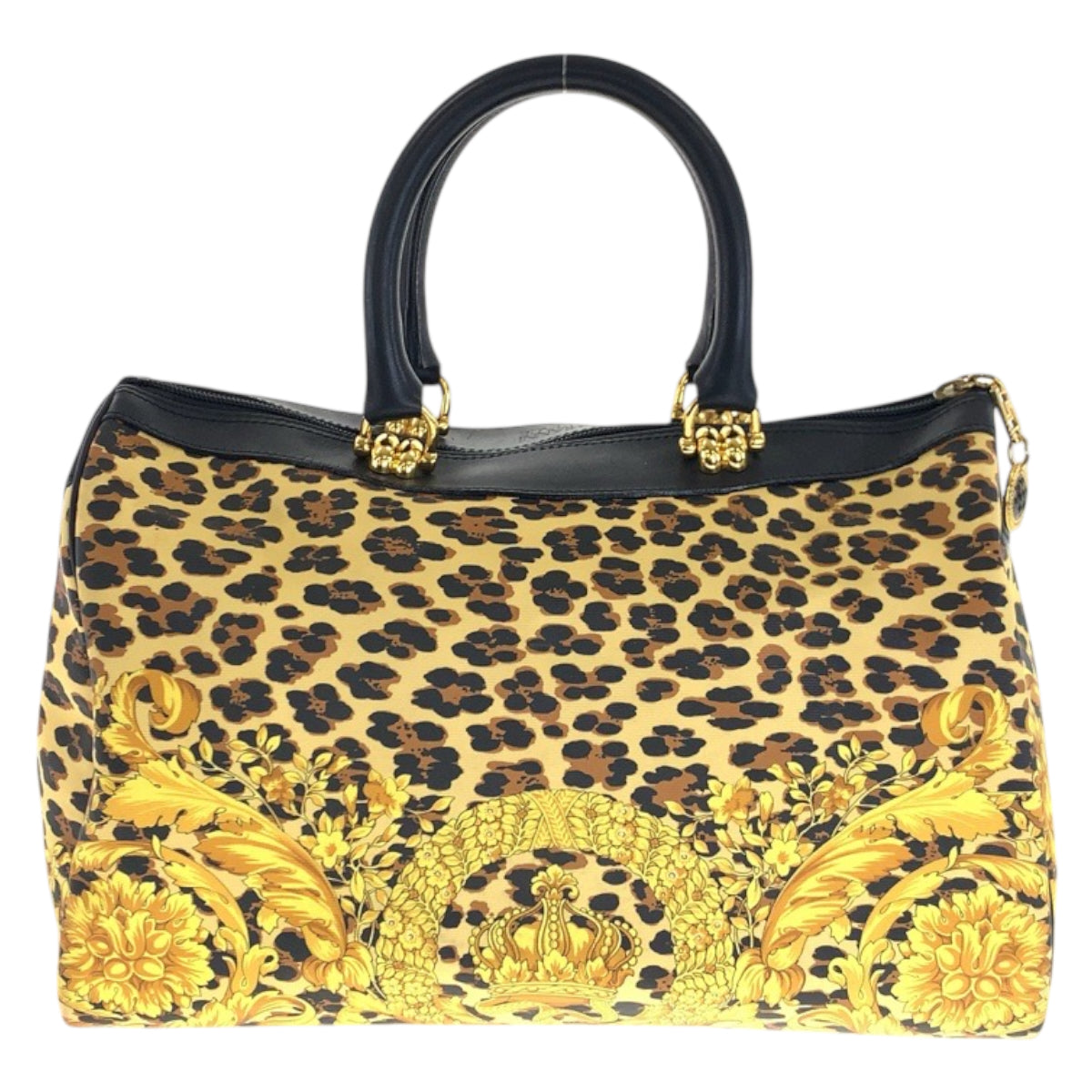 21970
VERSACE Vintage Leopard Yellow Black Gold Hardware PVC / Leather Handbag Mini Boston Bag Ladies ABP30