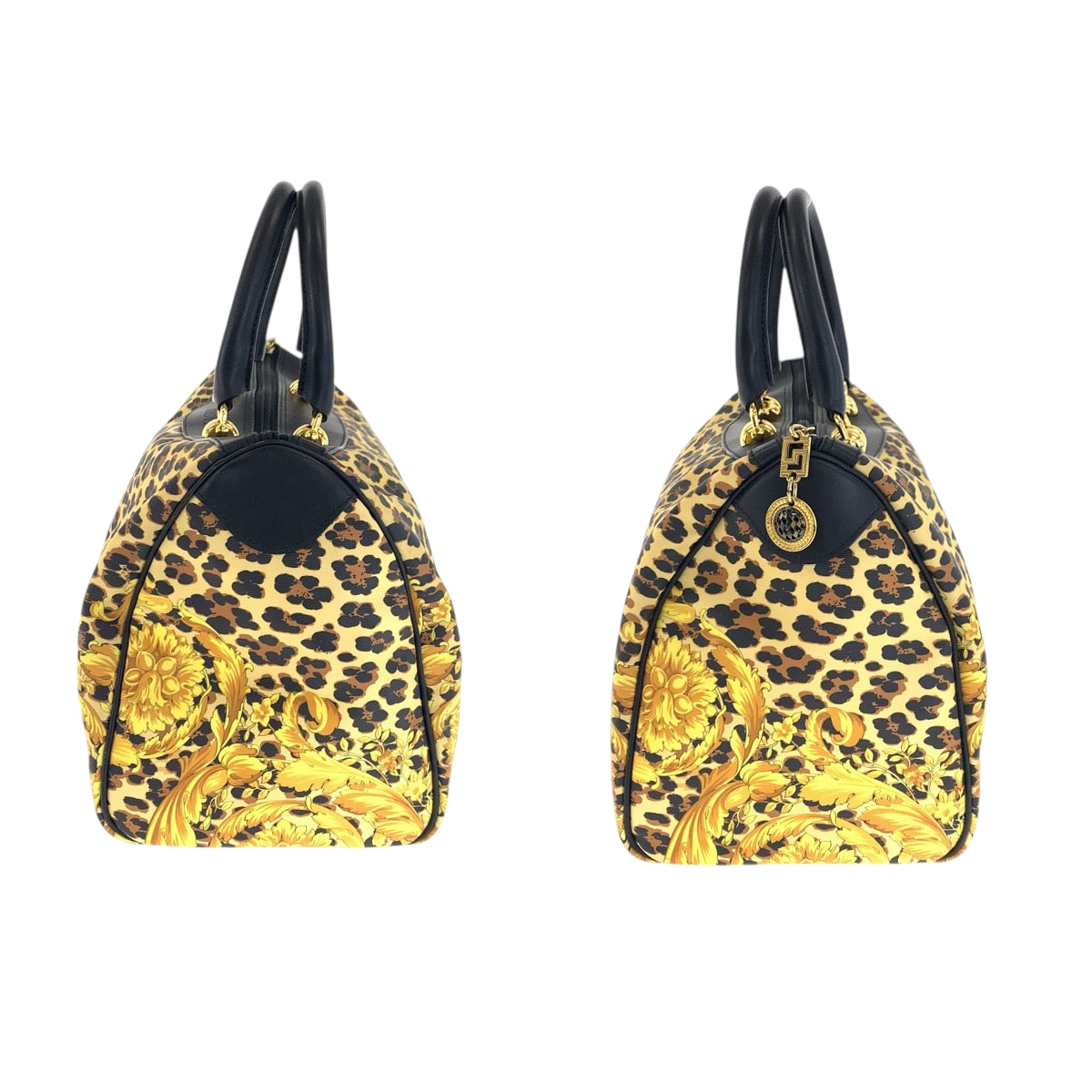 21970
VERSACE Vintage Leopard Yellow Black Gold Hardware PVC / Leather Handbag Mini Boston Bag Ladies ABP30