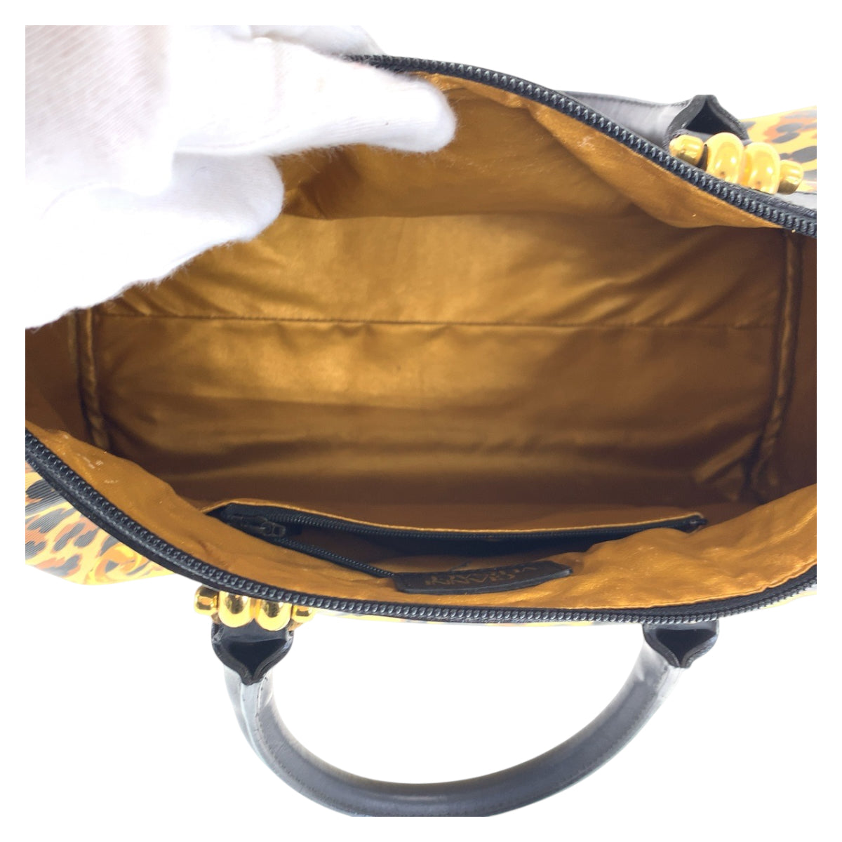 21970
VERSACE Vintage Leopard Yellow Black Gold Hardware PVC / Leather Handbag Mini Boston Bag Ladies ABP30
