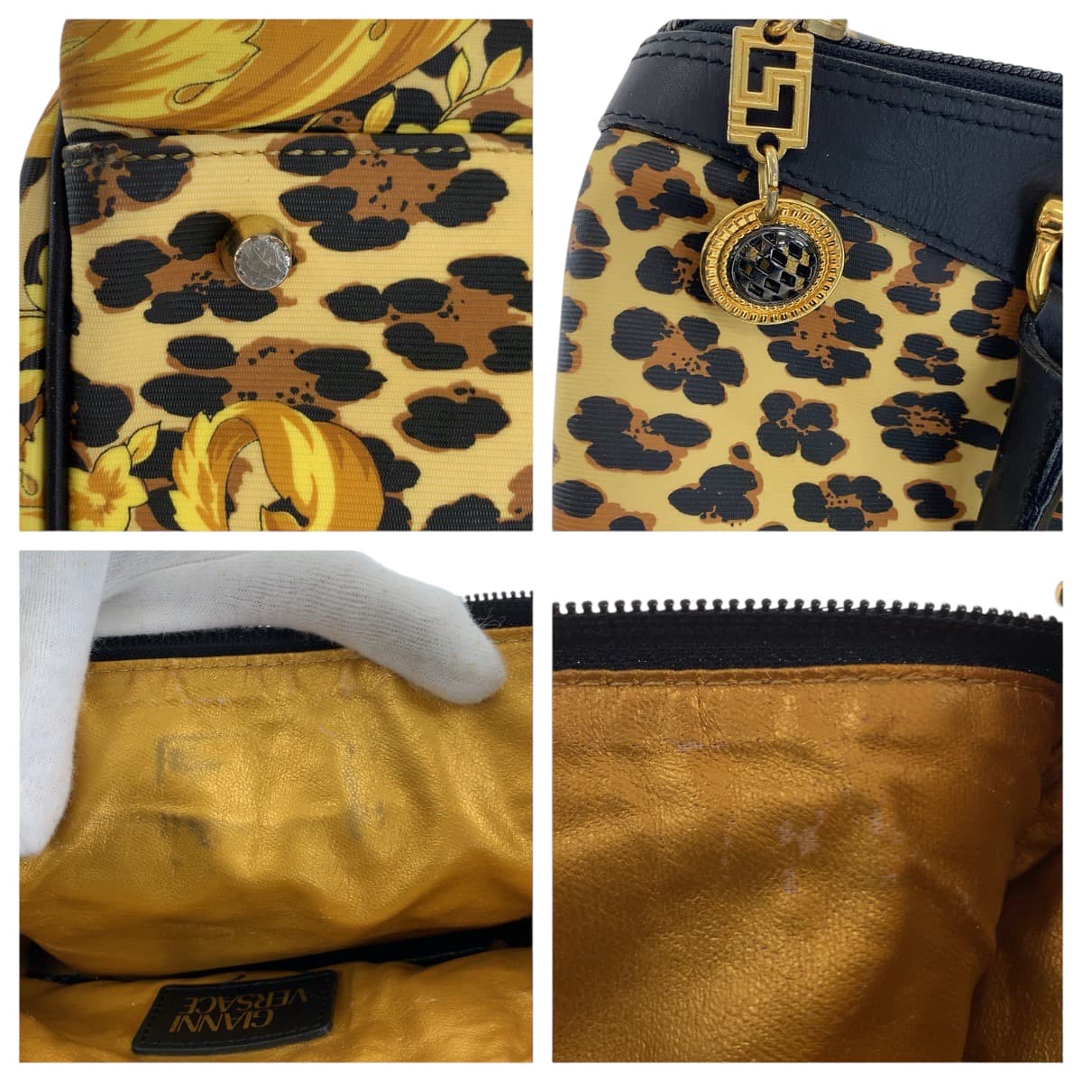 21970
VERSACE Vintage Leopard Yellow Black Gold Hardware PVC / Leather Handbag Mini Boston Bag Ladies ABP30